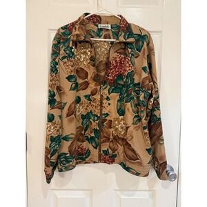 Teddi Floral Print Zip Up Jacket Beige Brown Green Red Vintage Style